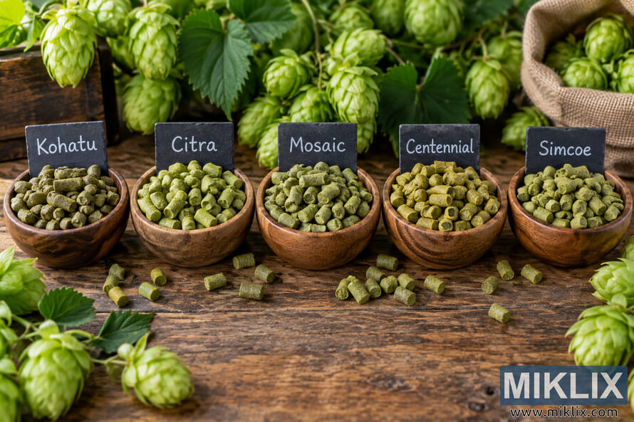 Five wooden bowls of green hop pellets labeled Kohatu, Citra, Mosaic, Centennial, and Simcoe arranged on a rustic wooden table, surrounded by fresh hop cones, leaves, scattered pellets, and a burlap sack. Five wooden bowls of green hop pellets labeled Kohatu, Citra, Mosaic, Centennial, and Simcoe arranged on a rustic wooden table, surrounded by fresh hop cones, leaves, scattered pellets, and a burlap sack.