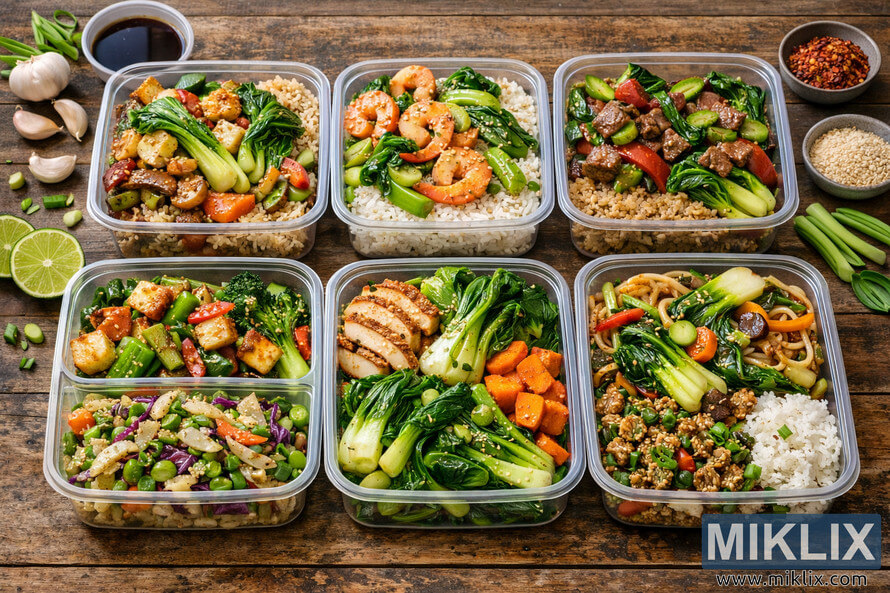 Top-down photo of eight clear meal prep containers arranged on a rustic wooden surface, each filled with different bok choy-based dishes including chicken, shrimp, beef, tofu, noodles, salad, and ground turkey, served over rice or quinoa, with sesame seeds, green onions, soy sauce, chili flakes, garlic, lime, and other garnishes scattered around. Top-down photo of eight clear meal prep containers arranged on a rustic wooden surface, each filled with different bok choy-based dishes including chicken, shrimp, beef, tofu, noodles, salad, and ground turkey, served over rice or quinoa, with sesame seeds, green onions, soy sauce, chili flakes, garlic, lime, and other garnishes scattered around.