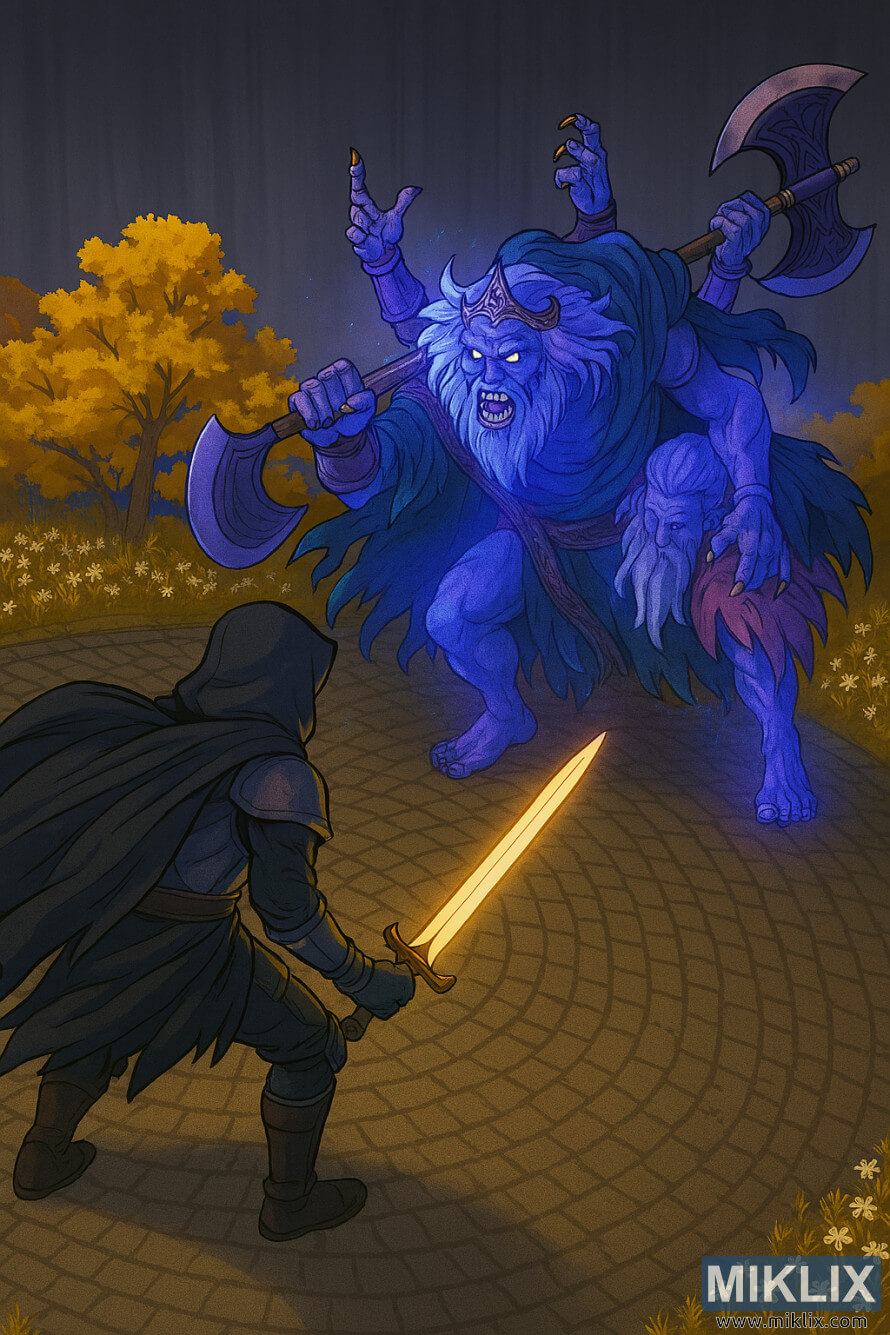 Seni peminat Elden Ring ala anime yang menunjukkan Tarnished melawan Godefroy the Grafted dari sudut tinggi