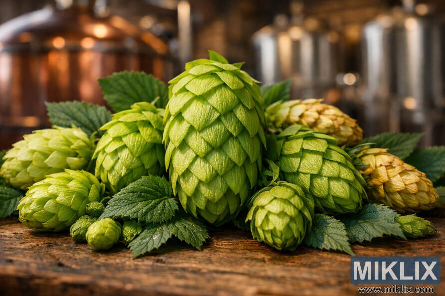 Close-up of fresh green Herkules hop cones with complementary varieties in focus, set against a softly blurred brewery background with warm natural lighting.