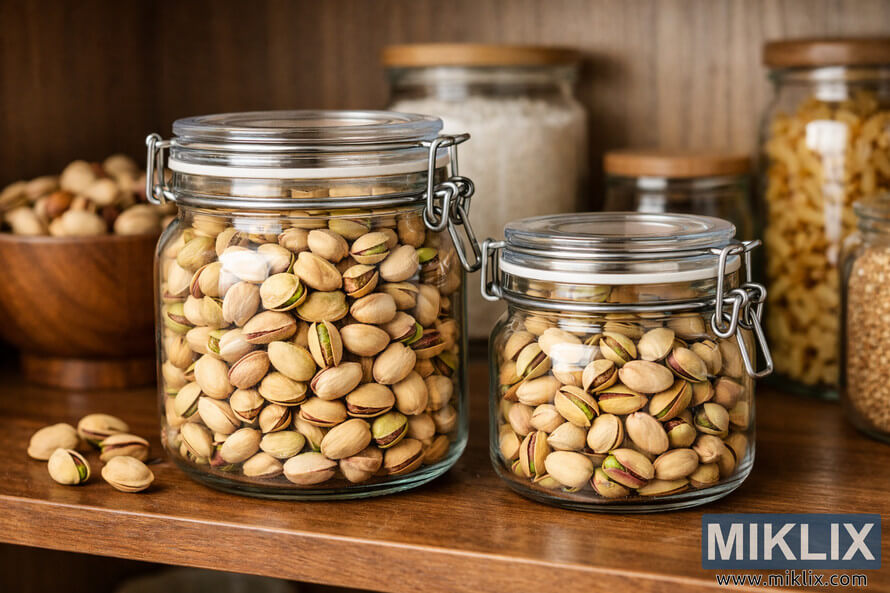 Two airtight glass jars filled with pistachios on a wooden pantry shelf, surrounded by other jars of dry goods. Two airtight glass jars filled with pistachios on a wooden pantry shelf, surrounded by other jars of dry goods.