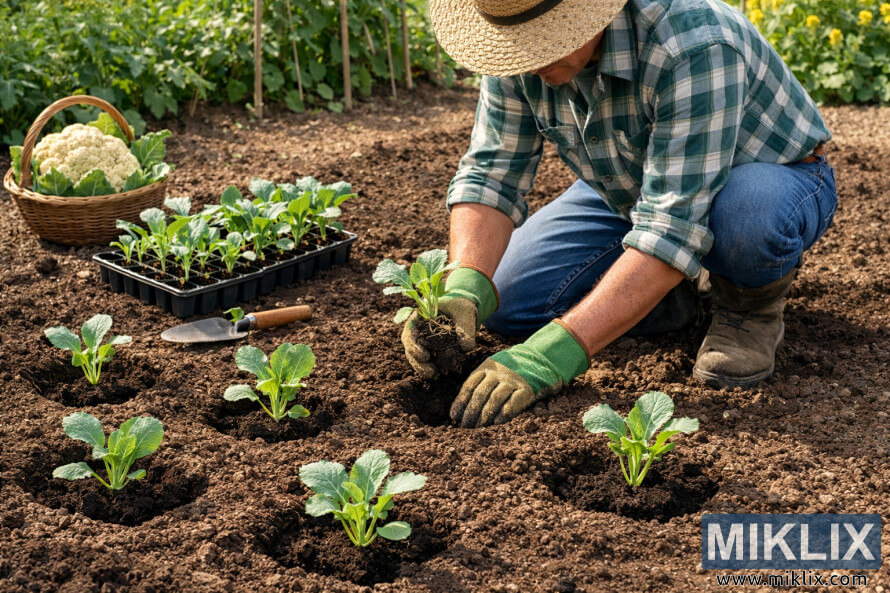 Lambu yana durÆusawa a cikin lambun kayan lambu, yana dasa shukar farin kabeji a cikin ramuka masu faÉi daidai a cikin Æasa mai duhu da aka shirya sosai.