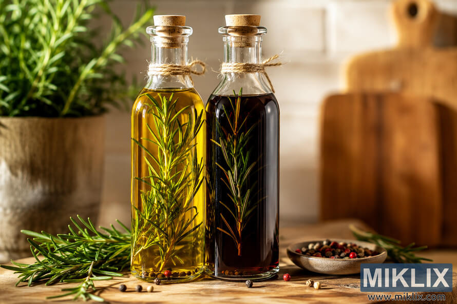 Landscape photograph of two corked glass bottles containing rosemary-infused olive oil and dark vinegar on a rustic wooden table. Fresh rosemary sprigs, scattered peppercorns, and a small ceramic bowl complement the foreground, while a softly blurred kitchen with warm natural light and a rosemary plant creates a cozy background. The image has no visible labels or branding and emphasizes an artisanal, homemade culinary atmosphere. Landscape photograph of two corked glass bottles containing rosemary-infused olive oil and dark vinegar on a rustic wooden table. Fresh rosemary sprigs, scattered peppercorns, and a small ceramic bowl complement the foreground, while a softly blurred kitchen with warm natural light and a rosemary plant creates a cozy background. The image has no visible labels or branding and emphasizes an artisanal, homemade culinary atmosphere.