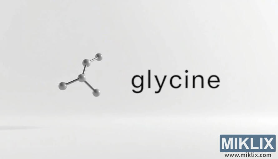 3D model and chemical structure of glycine with labeled atoms on a neutral background.