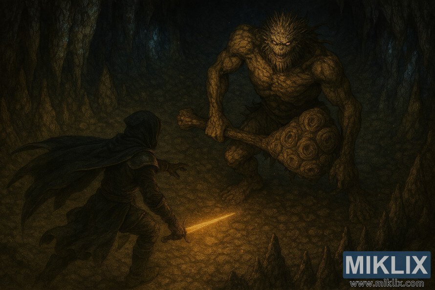 PóÅrealistyczna fanowska grafika przedstawiajÄ
ca Tarnished in Black Knife w zbroi walczÄ
cej z Stonedigger Troll w Old Altus Tunnel w Elden Ring PóÅrealistyczna fanowska grafika przedstawiajÄ
ca Tarnished in Black Knife w zbroi walczÄ
cej z Stonedigger Troll w Old Altus Tunnel w Elden Ring