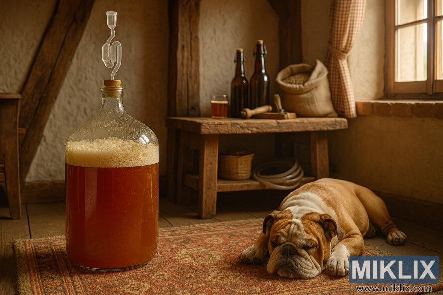 Glass carboy of fermenting ale in a rustic European home brewing setting with a bulldog sleeping on a patterned rug nearby. Glass carboy of fermenting ale in a rustic European home brewing setting with a bulldog sleeping on a patterned rug nearby.