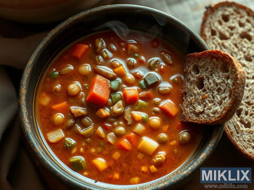 HÃ¶yryÃ¤vÃ¤ kulhollinen kasvis- ja palkokasvikeittoa, jonka lisukkeena on porkkanoita, linssejÃ¤, kikherneitÃ¤ ja maalaisleipÃ¤Ã¤.