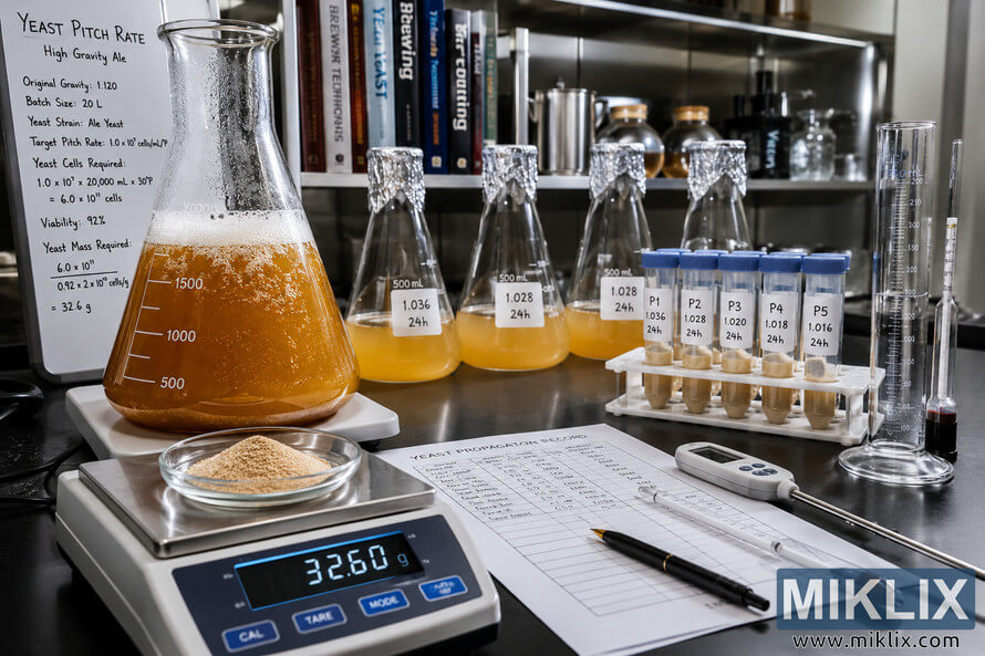 Close-up photograph of a professional brewing laboratory featuring a bubbling flask of amber wort, a precision digital scale weighing yeast, labeled propagation flasks and sample tubes, a hydrometer, thermometer, graduated cylinder, brewing calculations, and softly blurred laboratory shelving in bright clinical lighting.