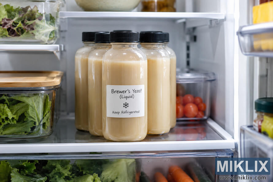 Bottles of pale liquid brewerâs yeast stored upright in a refrigerator, with a label reading âKeep Refrigerated,â surrounded by fresh vegetables. Bottles of pale liquid brewerâs yeast stored upright in a refrigerator, with a label reading âKeep Refrigerated,â surrounded by fresh vegetables.