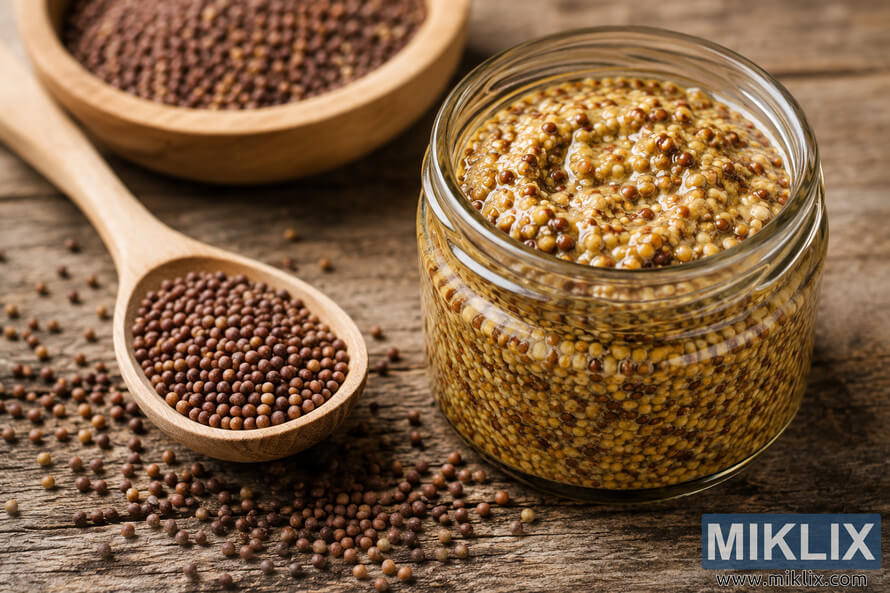 Close-up landscape photograph of a glass jar filled with whole grain mustard beside a wooden spoon of brown mustard seeds on a rustic wooden table with warm natural lighting. Close-up landscape photograph of a glass jar filled with whole grain mustard beside a wooden spoon of brown mustard seeds on a rustic wooden table with warm natural lighting.