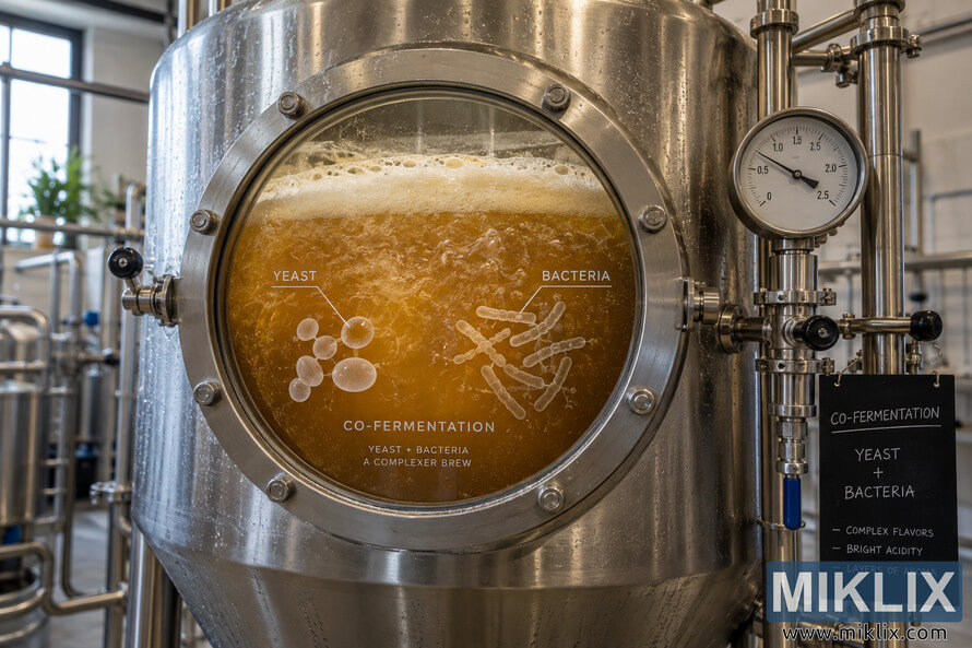 Stainless-steel fermenter with a viewing window showing bubbling amber liquid and diagrams of yeast and bacteria during co-fermentation. Stainless-steel fermenter with a viewing window showing bubbling amber liquid and diagrams of yeast and bacteria during co-fermentation.