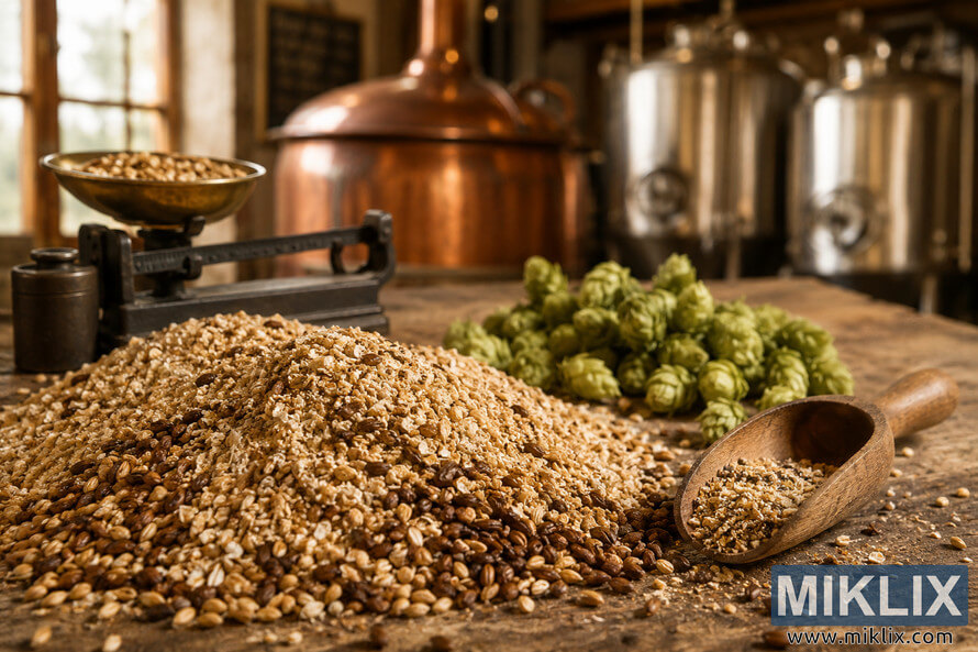 Close-up of lambic beer grist with pale malt grains, hops, a wooden scoop, and brewing tools on a rustic wooden table, with blurred brewing kettles and fermenters in a warmly lit brewery background.