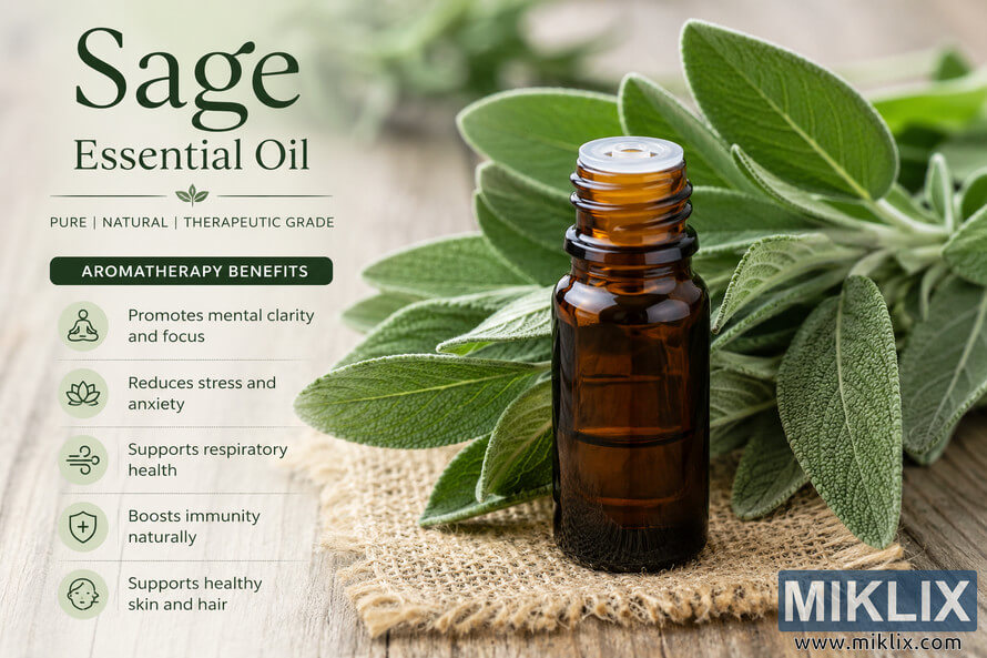 Landscape image of a brown glass bottle of pure sage essential oil surrounded by fresh sage leaves on a rustic wooden surface, alongside an infographic describing aromatherapy health benefits including stress relief, mental clarity, respiratory support, immunity, and healthy skin and hair. Landscape image of a brown glass bottle of pure sage essential oil surrounded by fresh sage leaves on a rustic wooden surface, alongside an infographic describing aromatherapy health benefits including stress relief, mental clarity, respiratory support, immunity, and healthy skin and hair.