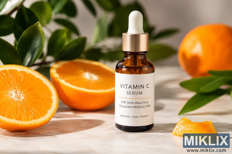 A minimalist amber glass dropper bottle labeled as a vitamin C serum stands on a light stone surface surrounded by fresh orange slices, citrus peel, and green leaves. Warm natural lighting and a softly blurred background create a clean, premium skincare product presentation focused on freshness, hydration, and healthy-looking skin. A minimalist amber glass dropper bottle labeled as a vitamin C serum stands on a light stone surface surrounded by fresh orange slices, citrus peel, and green leaves. Warm natural lighting and a softly blurred background create a clean, premium skincare product presentation focused on freshness, hydration, and healthy-looking skin.