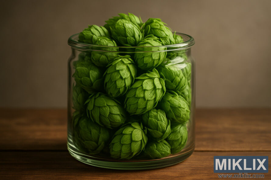 wadah kaca ngeusi hops hÃ©jo vibrant dina beungeut kai.