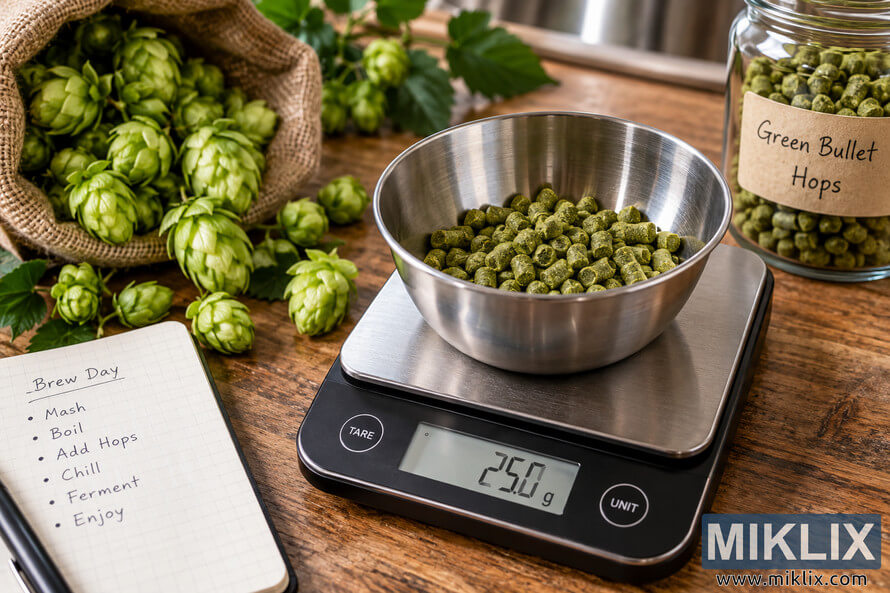Digital brewing scale showing 25.0 g with a stainless-steel bowl of Green Bullet hop pellets, surrounded by fresh hop cones, a labeled glass jar, and brew-day notes on a rustic wooden table. Digital brewing scale showing 25.0 g with a stainless-steel bowl of Green Bullet hop pellets, surrounded by fresh hop cones, a labeled glass jar, and brew-day notes on a rustic wooden table.