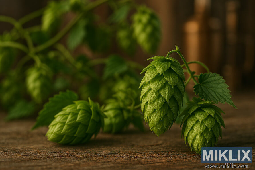 Gros plan sur des plants de houblon Satus d'un vert éclatant, posés sur du bois rustique, avec du matériel de brassage flou en arrière-plan. Gros plan sur des plants de houblon Satus d'un vert éclatant, posés sur du bois rustique, avec du matériel de brassage flou en arrière-plan.