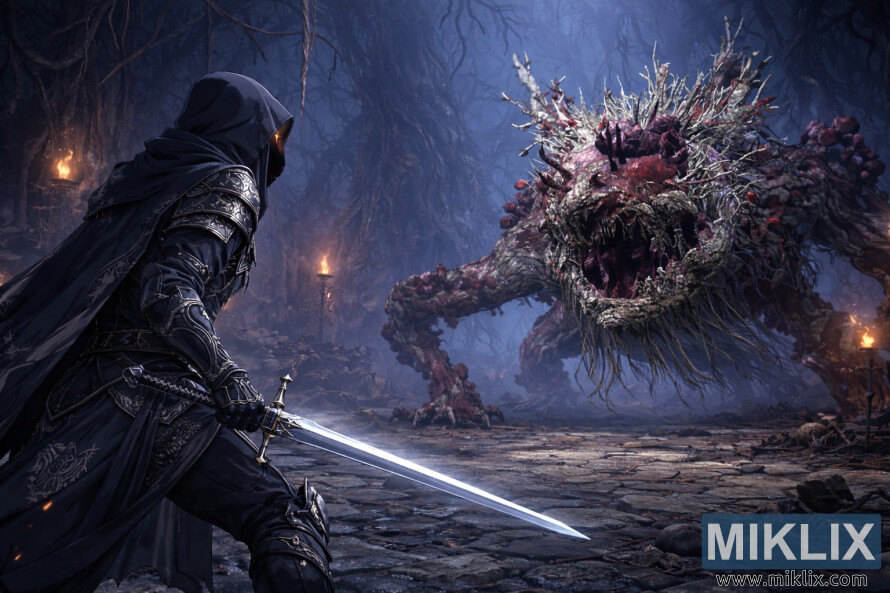 Anime-style fan art showing the Tarnished on the left, seen from behind and wielding a sword while facing the Ulcerated Tree Spirit in Fringefolk Hero's Grave just before combat.