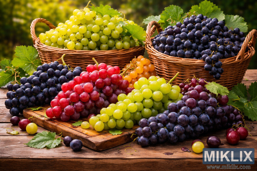 RazliÄni grozdi zelenega, rdeÄega in temno vijoliÄnega grozdja, razporejeni v pletenih koÅ¡arah in na deski za rezanje na rustikalni leseni mizi na prostem.