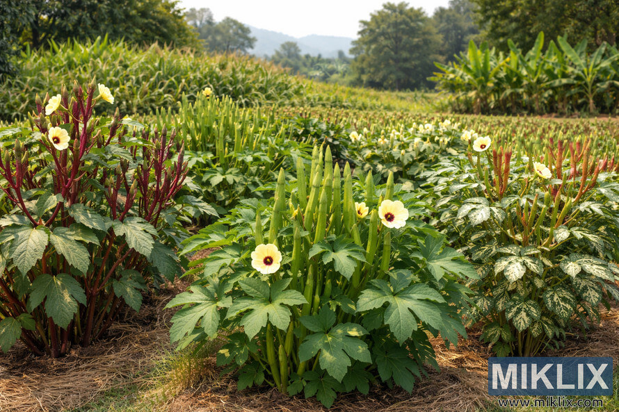 Multiple okra varieties growing in a lush garden, showing green and red-stemmed plants with yellow flowers against a tropical landscape.
