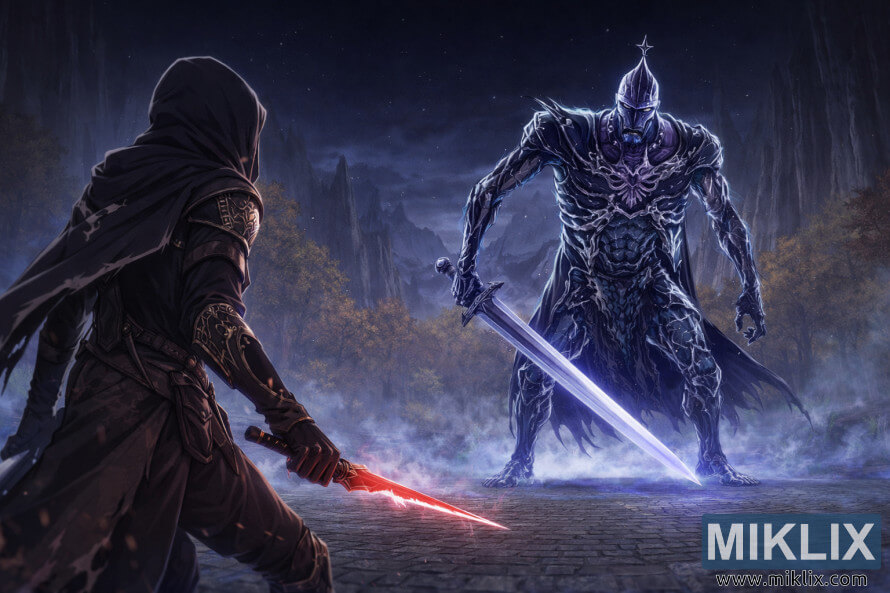 Fan-Art im Anime-Stil, die den Befleckten in Schwarzmesser-RÃ¼stung im Kampf gegen Bols, den karischen Ritter, in einer angespannten Auseinandersetzung in Kuckucks Evergaol in Elden Ring zeigt.