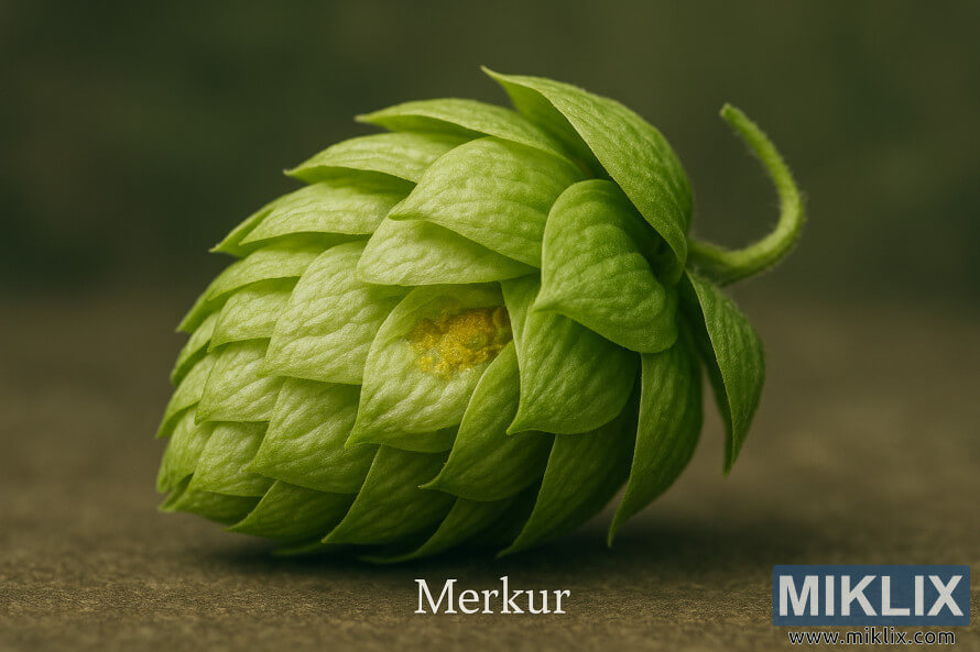 NÃ¤rbild frÃ¥n sidan av en nyskÃ¶rdad Merkur-humlekotte som visar dess livfulla grÃ¶na hÃ¶gblad och gyllene lupulinkÃ¶rtlar under mjukt diffust ljus.