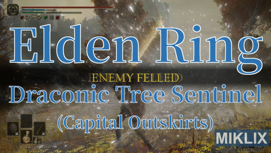 Elden Ring screenshot showing 'ENEMY FELLED' after defeating Draconic Tree Sentinel in the Capital Outskirts. Elden Ring screenshot showing 'ENEMY FELLED' after defeating Draconic Tree Sentinel in the Capital Outskirts.