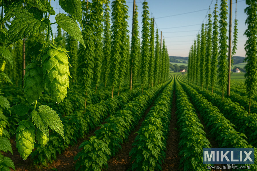 Lush Hallertauer hop field with dewy cones and trellised vines under a clear summer sky Lush Hallertauer hop field with dewy cones and trellised vines under a clear summer sky