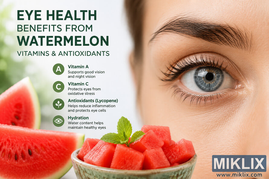 Landscape infographic featuring a close-up of a healthy human eye beside fresh watermelon slices and cubes, highlighting the eye health benefits of watermelon through vitamins A and C, antioxidants, and hydration in a clean, modern educational layout. Landscape infographic featuring a close-up of a healthy human eye beside fresh watermelon slices and cubes, highlighting the eye health benefits of watermelon through vitamins A and C, antioxidants, and hydration in a clean, modern educational layout.