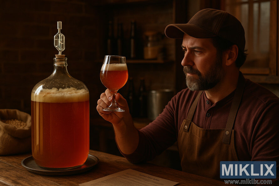 A homebrewer mriksa kaca tulip amber American ale ing jejere carboy fermentasi ing ruang nggawe bir deso nyaman. A homebrewer mriksa kaca tulip amber American ale ing jejere carboy fermentasi ing ruang nggawe bir deso nyaman.