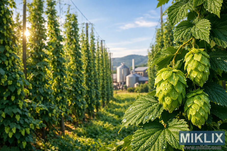 A vibrant hop field with dew-covered hop cones in the foreground, trellised vines stretching toward a bright blue sky, and a distant brewery nestled among rolling hills under warm morning sunlight. A vibrant hop field with dew-covered hop cones in the foreground, trellised vines stretching toward a bright blue sky, and a distant brewery nestled among rolling hills under warm morning sunlight.