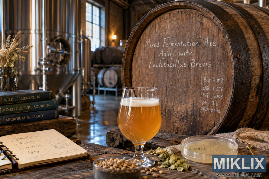 Mixed-fermentation ale in a brewery cellar beside an oak barrel labeled for aging with Lactobacillus brevis, with grains, hops and a culture dish.