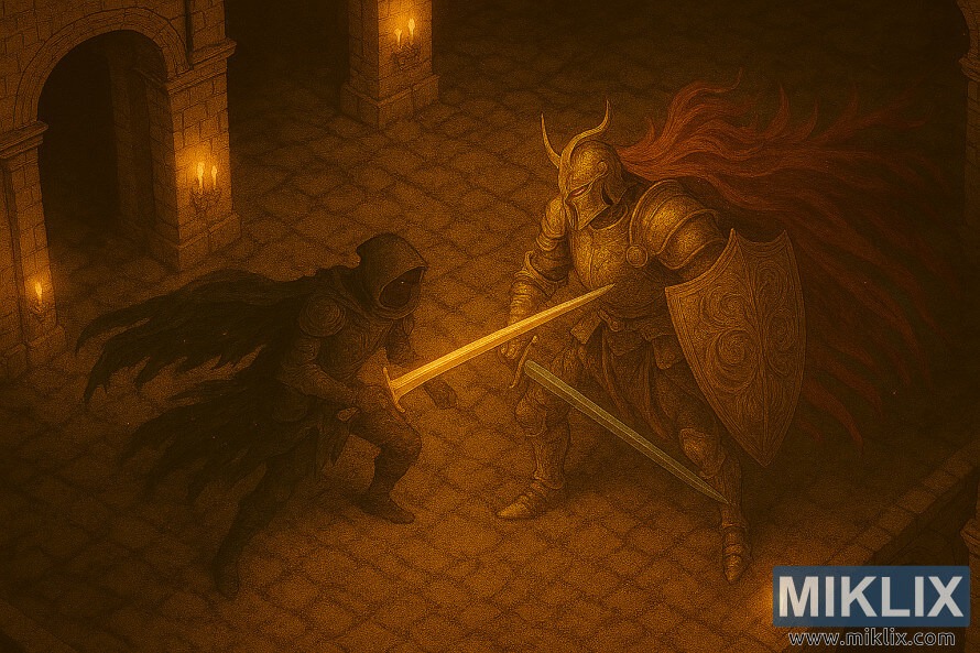 Seni peminat gaya anime daripada Crucible Knight Ordovis yang bertarung di Kubur Auriza Hero dari sudut isometrik yang tinggi.