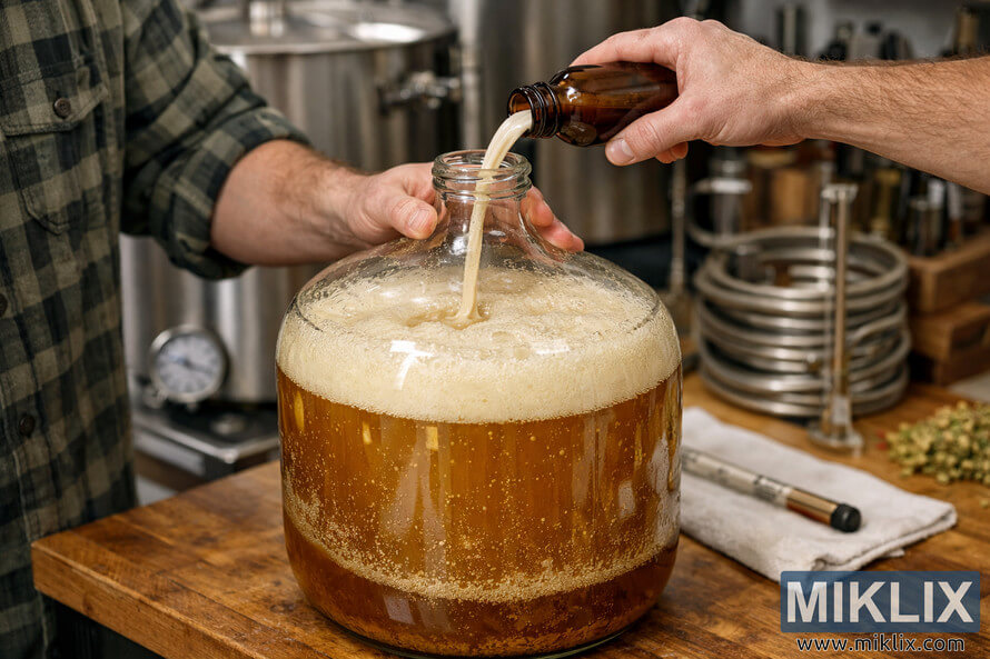 Homebrewer pouring liquid yeast from an unlabeled brown bottle into a glass carboy filled with golden Bohemian lager wort on a wooden workbench.