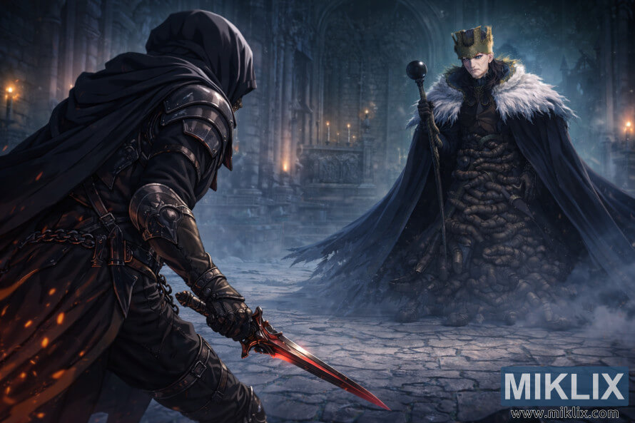 Anime-style scene showing the Tarnished from behind on the left, facing an elderly Count Ymir inside a dark gothic cathedral moments before battle. Anime-style scene showing the Tarnished from behind on the left, facing an elderly Count Ymir inside a dark gothic cathedral moments before battle.