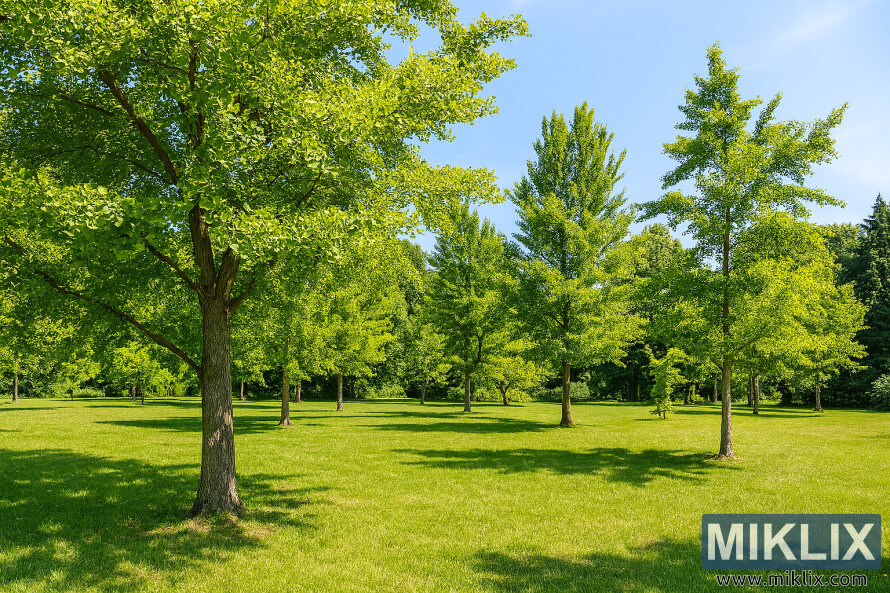 Vue panoramique dâun parc ensoleillÃ© avec des arbres Ginkgo biloba et une herbe verte luxuriante