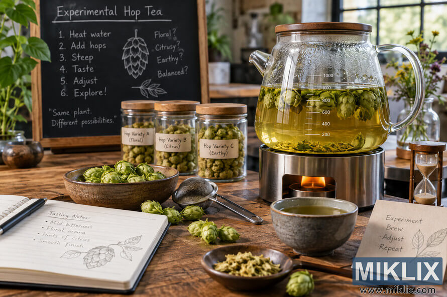 Landscape photograph of an experimental hop tea brewing station with a glass pot of golden-green hop infusion, whole hop cones, labeled ingredient jars, tasting notes, a tea strainer, ceramic tasting cup, hourglass, and chalkboard brewing instructions on a rustic wooden table. Landscape photograph of an experimental hop tea brewing station with a glass pot of golden-green hop infusion, whole hop cones, labeled ingredient jars, tasting notes, a tea strainer, ceramic tasting cup, hourglass, and chalkboard brewing instructions on a rustic wooden table.