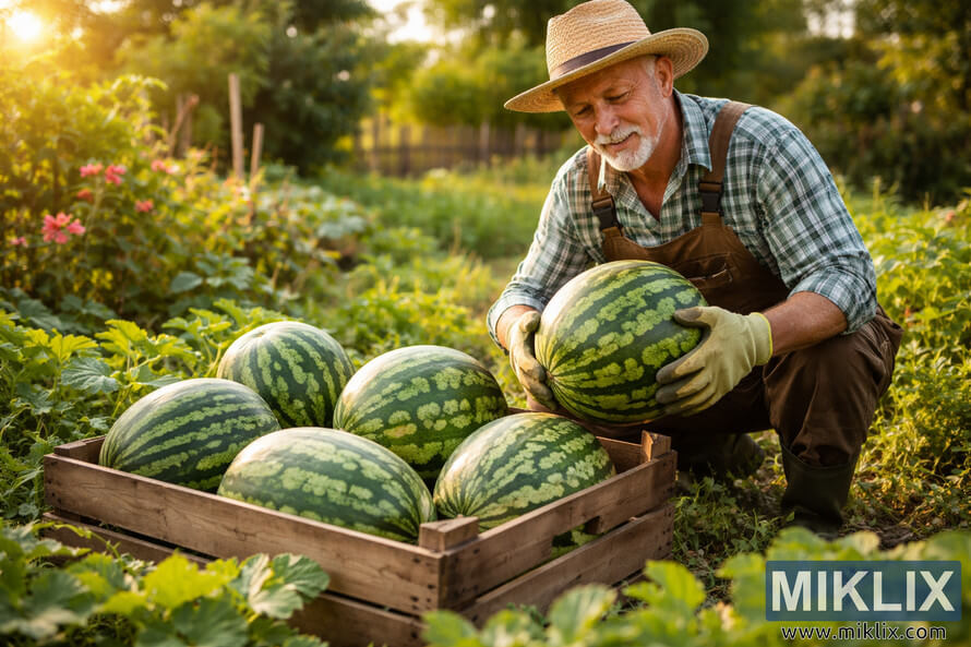 Gardener in a straw hat harvesting ripe watermelons and placing them in a wooden crate in a lush backyard garden during warm golden sunlight. Gardener in a straw hat harvesting ripe watermelons and placing them in a wooden crate in a lush backyard garden during warm golden sunlight.