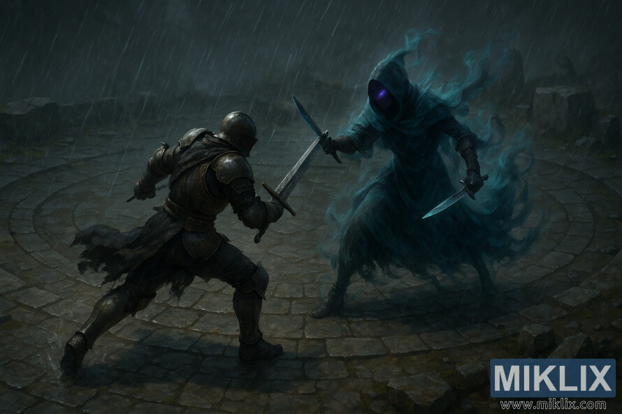 Semi-realistiese landskapkunswerk wat die Tarnished wys wat 'n swaard swaai terwyl Alecto, Black Knife Ringleier, met twee dolke in 'n reëndeurdrenkte kliparena teëwerk. Semi-realistiese landskapkunswerk wat die Tarnished wys wat 'n swaard swaai terwyl Alecto, Black Knife Ringleier, met twee dolke in 'n reëndeurdrenkte kliparena teëwerk.