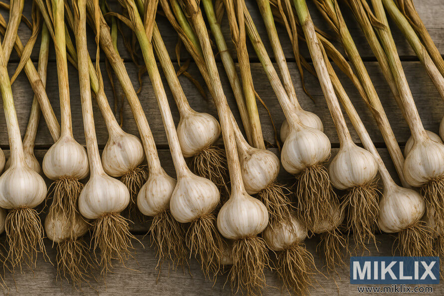 Des bulbes dâail rÃ©coltÃ©s disposÃ©s sur une surface en bois avec des tiges et des racines attachÃ©es.