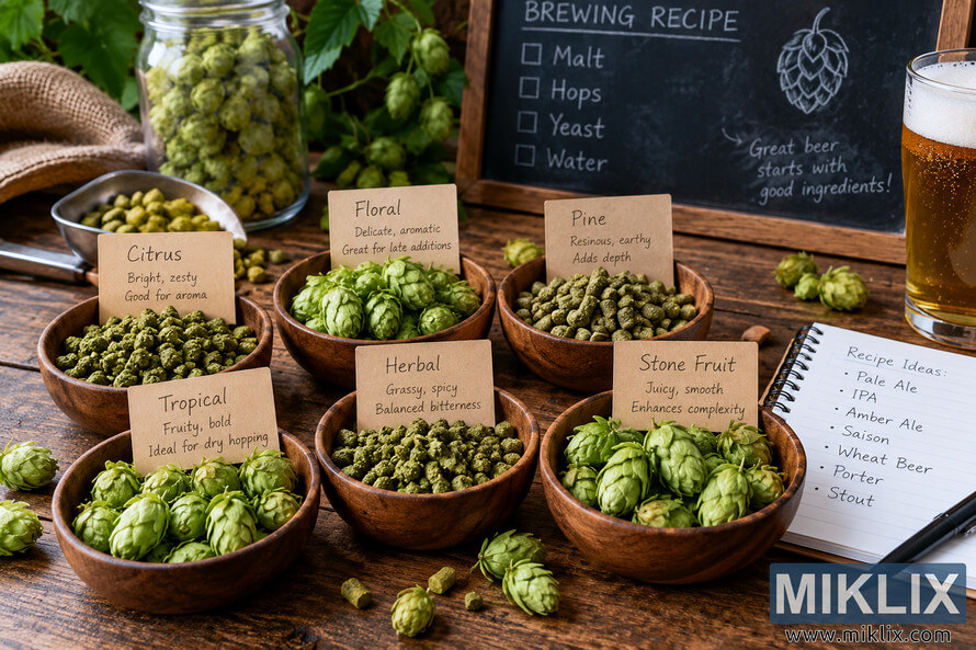 Rustic brewing workspace displaying six labeled hop varieties in bowls alongside a recipe notebook, brewing checklist, fresh hop vines, and a glass of amber beer Rustic brewing workspace displaying six labeled hop varieties in bowls alongside a recipe notebook, brewing checklist, fresh hop vines, and a glass of amber beer