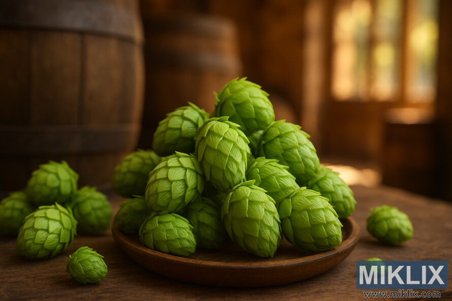 Krupni plan Å¾ivahnih zelenih Å¡iÅ¡arki hmelja aranÅ¾iranih na drvenom tanjiru u toplom, rustikalnom interijeru pivare.