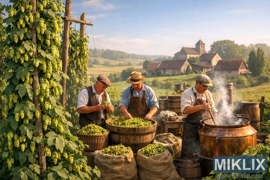 Lush green hop vines on wooden trellises in the foreground, artisanal brewers examining freshly harvested hops beside a copper kettle, with rolling Belgian hills and historic farmhouses under warm golden sunlight.
