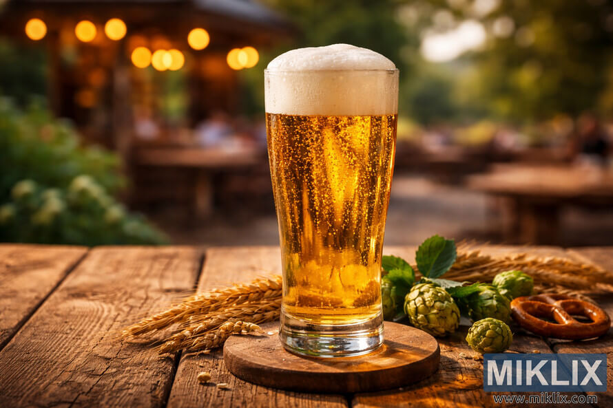 A tall glass of golden German lager with a frothy white head sits on a rustic wooden table, surrounded by barley, hops, and a warm, softly blurred beer garden background.