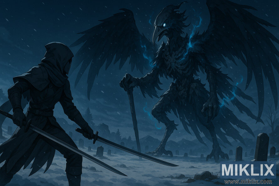 Mandhari ya mtindo wa uhuishaji wa shujaa aliyevalia kivita kwa Kisu Nyeusi anayekabiliana na Ndege refu ya Death Rite na mbawa za ghostflame kwenye makaburi yenye theluji.