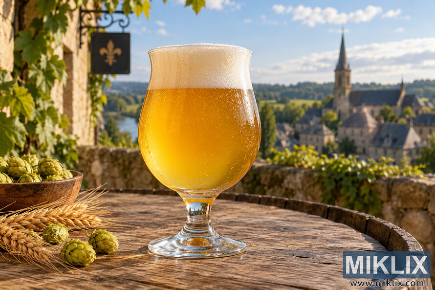 Golden saison with a creamy foam head in a condensation-covered tulip glass on a rustic wooden barrel, with hops, grain, and a sunlit stone village behind. Golden saison with a creamy foam head in a condensation-covered tulip glass on a rustic wooden barrel, with hops, grain, and a sunlit stone village behind.