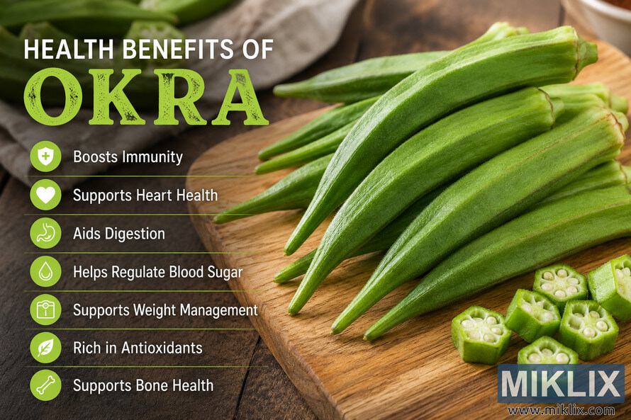 Fresh green okra pods arranged on a rustic wooden cutting board with a health benefits infographic overlay listing immunity support, heart health, digestion, blood sugar regulation, weight management, antioxidants, and bone health on a warm natural background. Fresh green okra pods arranged on a rustic wooden cutting board with a health benefits infographic overlay listing immunity support, heart health, digestion, blood sugar regulation, weight management, antioxidants, and bone health on a warm natural background.