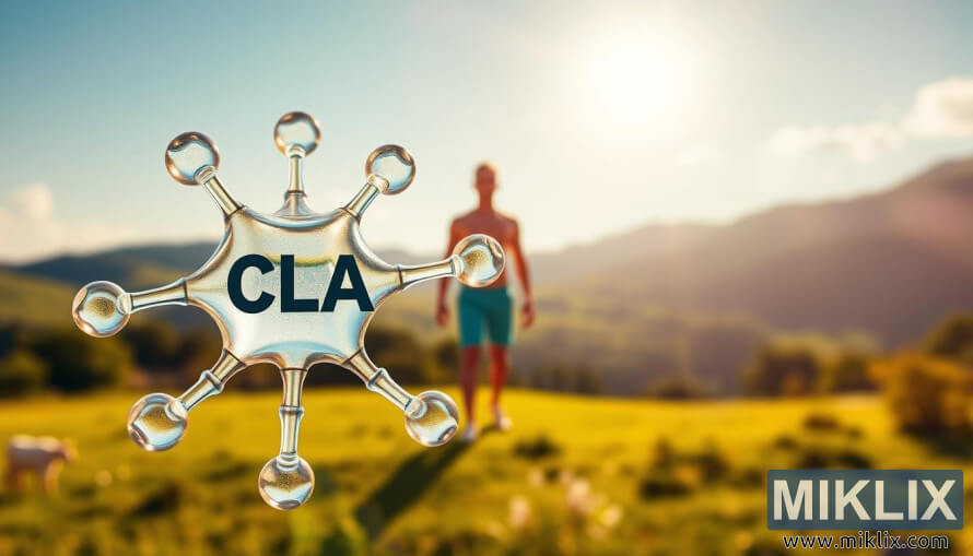 Molécula de CLA 3D con figura saludable que simboliza la quema de grasa, el crecimiento muscular y el apoyo inmunológico. Molécula de CLA 3D con figura saludable que simboliza la quema de grasa, el crecimiento muscular y el apoyo inmunológico.