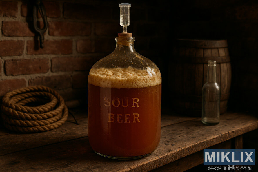 Szklany gÄsior wypeÅniony fermentujÄcym kwaÅnym piwem stoi na drewnianym stole roboczym w rustykalnym pomieszczeniu do domowego browarnictwa z ceglanymi Åcianami i narzÄdziami do warzenia.