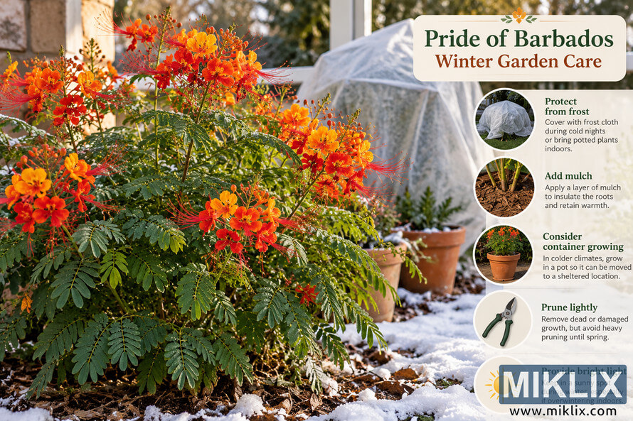 Pride of Barbados flowering in a snowy garden beside an infographic with frost protection, mulching, container, pruning, and winter light tips. Pride of Barbados flowering in a snowy garden beside an infographic with frost protection, mulching, container, pruning, and winter light tips.